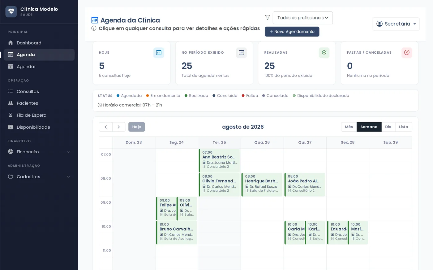 Agenda da clínica em visão semanal, com as consultas distribuídas por dia e horário, o profissional e a sala de cada atendimento.