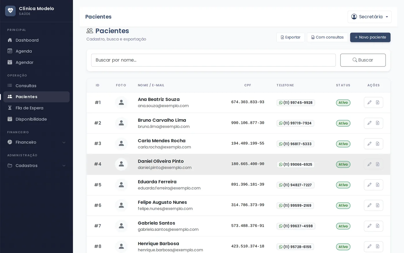 Lista de pacientes cadastrados com nome, e-mail, CPF, telefone e situação, além do campo de busca por nome.